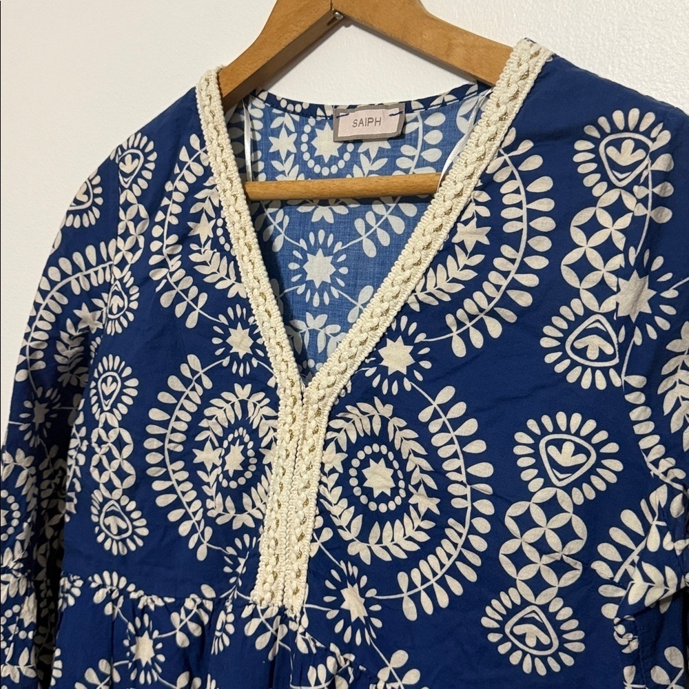 SAIPH Santorini Floral Mini Dress Size S Blue White Cotton Italy Relaxed Coastal - Picture 4 of 10